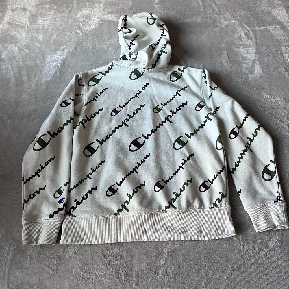 Champion All Over Script Logo Hoodie Cream Pullover Sweatshirt Size Medium